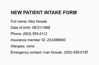 A filled-in new patient intake form with a name, date of birth, phone, insurance member ID, allergies and an emergency contact.