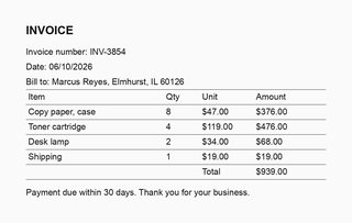An invoice table for copy paper, toner cartridges, desk lamps and shipping, with quantities, unit prices and a total of $939.00.