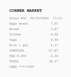 A printed Corner Market receipt listing eggs, bread, coffee, tape and milk, with subtotal, 8.25% tax and a total of 30.17.