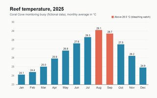 A bar chart of fictional monthly reef temperatures for 2025, rising from 24.1 °C in January to 29.1 °C in August, with August and September marked as above 28.5 °C.